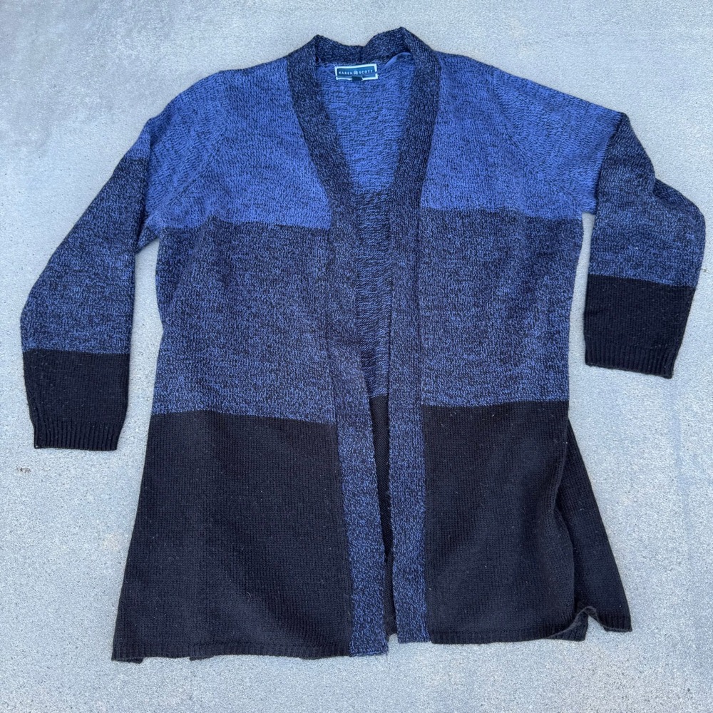 Karen Scott Womens 1X Blue Black Open Front Cardigan‎ Sweater